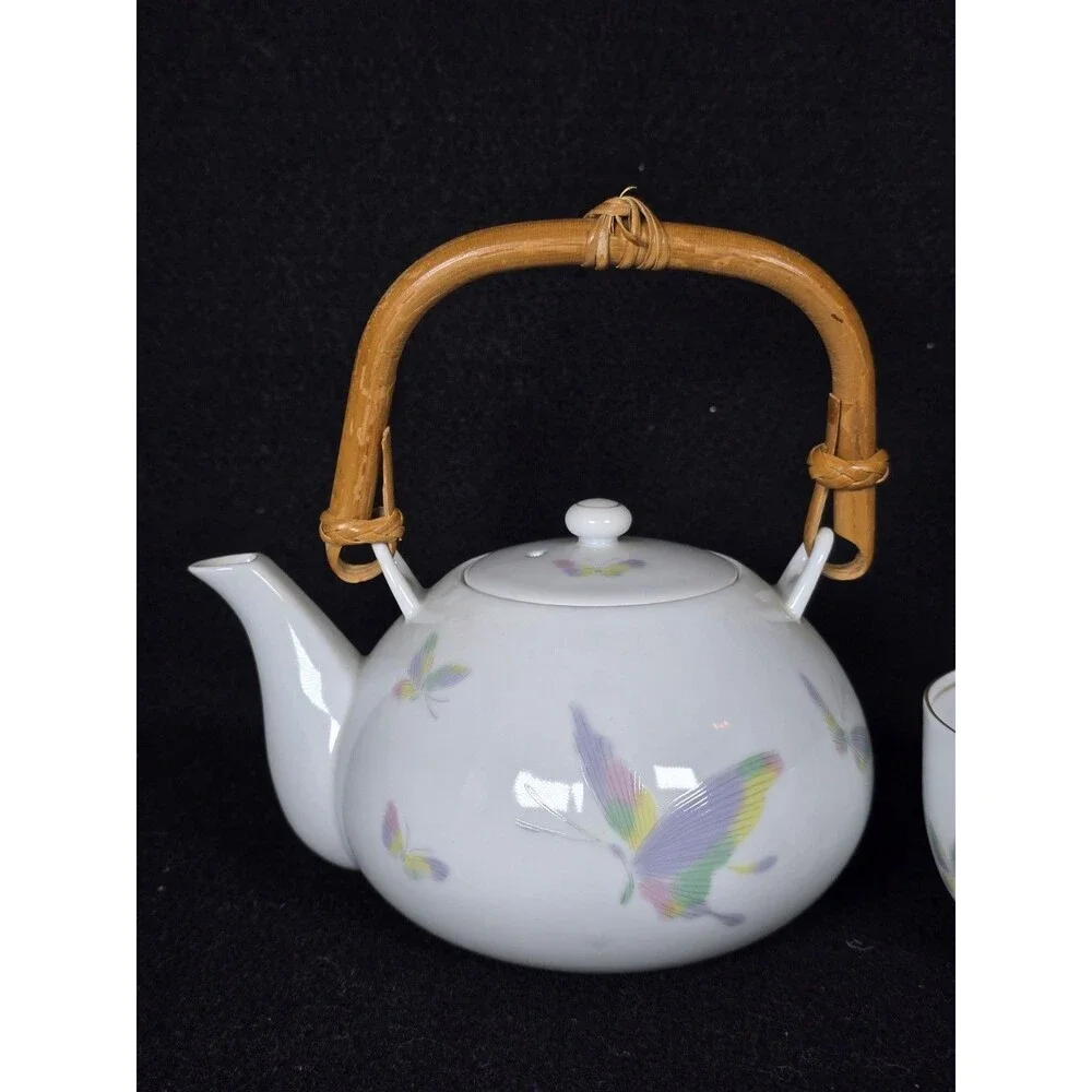 Asian Porcelain Tea Set Teapot & 2 Teacups Butterfly Gold Gilt Rim Retro